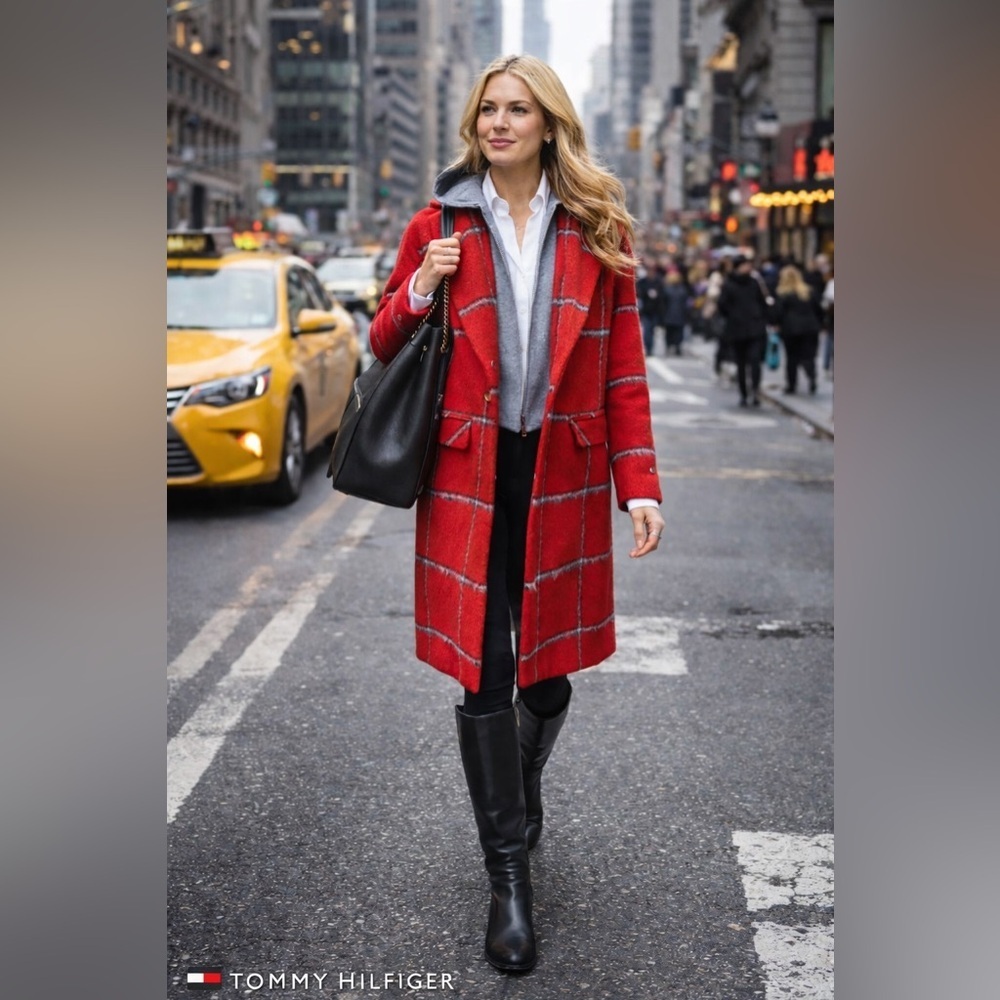 Tommy Hilfiger plaid double-layered hooded overcoat SZ XS